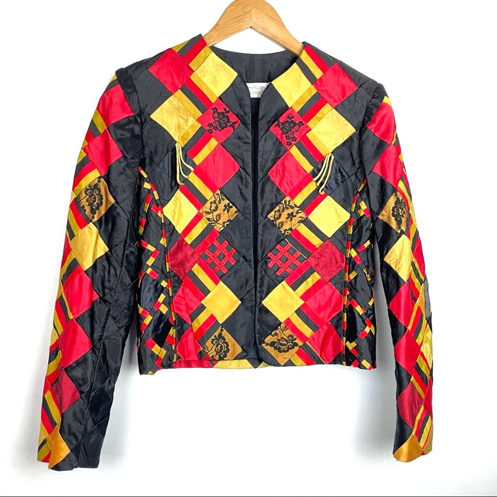 Vintage Patchwork Lace Quilted Jacket Red Yellow … - image 1